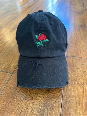 KBETHOS Black Distressed Baseball Cap with Red Rose Embroidery